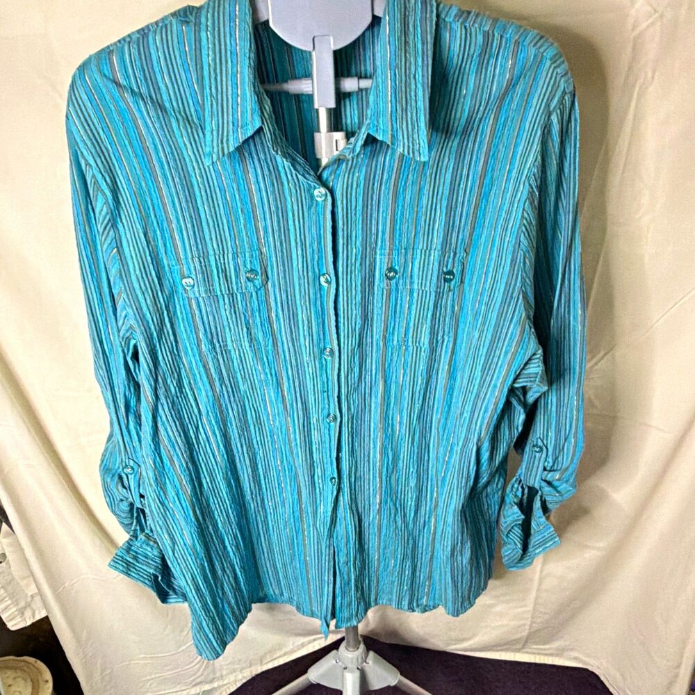 Southern Lady Womens 2X Blue Striped Woven Collared Long Sleeve Button-Up Shirt